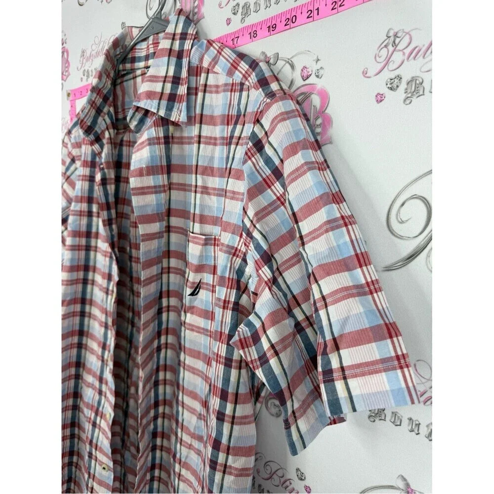 Nautica tshirt Short Sleeve Plaid Button-Up Shirt in Red, Blue, White